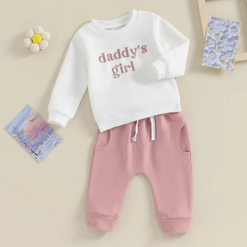 Комплекты брюк для маленьких девочек, весенне-осенняя одежда, пуловер с буквенным принтом и длинными рукавами, Длинные брюки, одежда для малышей