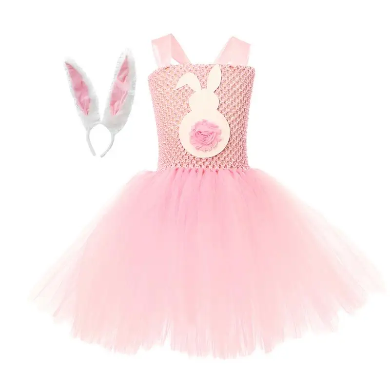 Костюм Кролика для девочек, Милое платье для девочек с кроличьими ушками, Розовая юбка, Пасхальный костюм для девочек