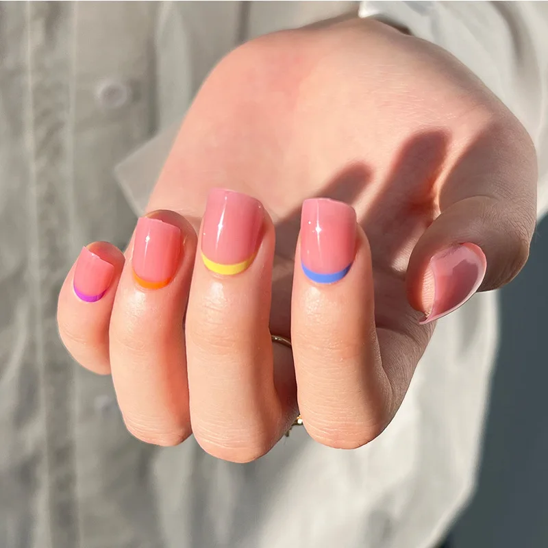 Летний модный цветной французский носимый нейл-арт, съемные накладные ногти, милые короткие мини-накладные ногти, прижимаются к ногтям с помощью набора клея