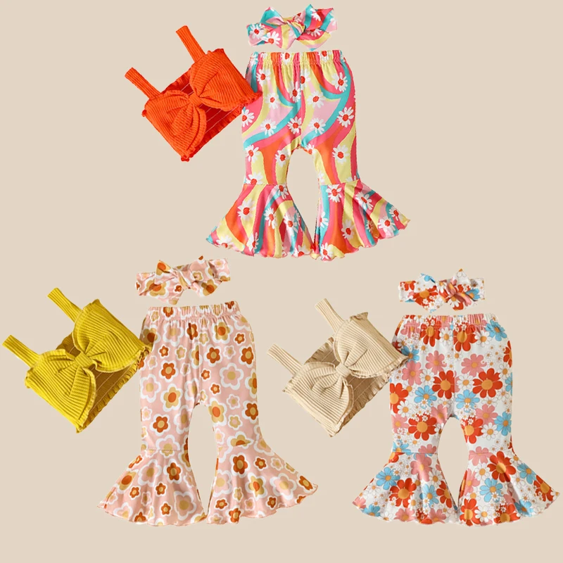 Однотонный топ с бантом на подтяжках и расклешенными брюками в цветочек для девочек 0-24 м, костюм-тройка, подходящий для летней одежды