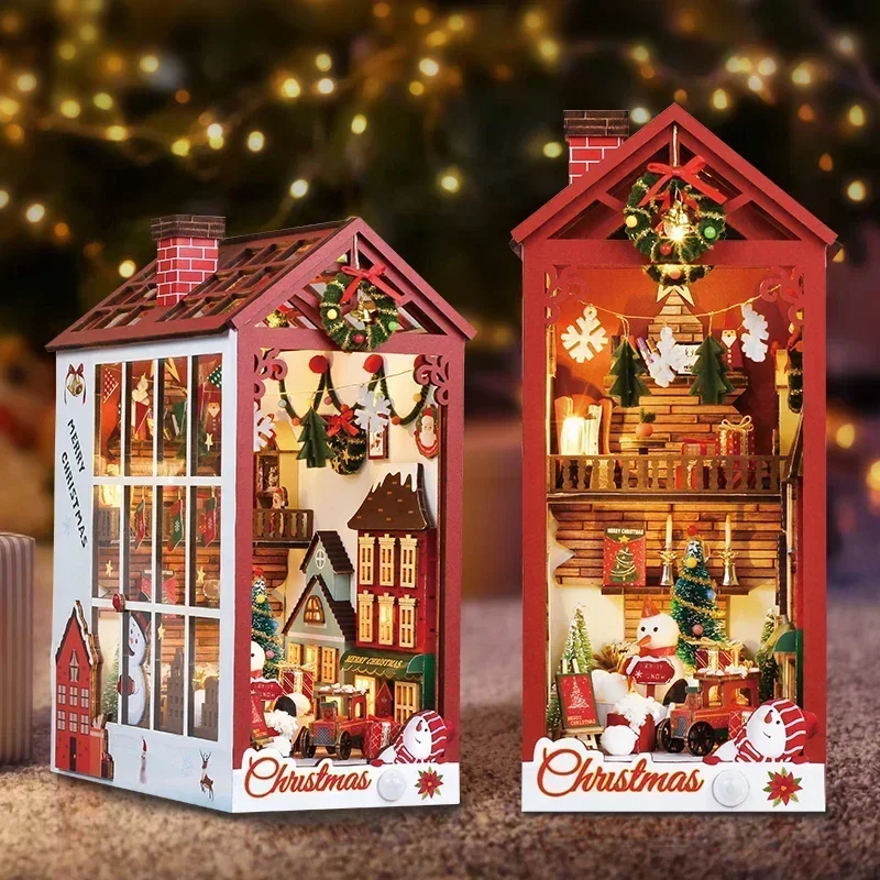 Поделки из деревянных рождественских украшений Наборы вставок для книжных полок Миниатюрный кукольный домик с мебелью Рождественские игрушки Подарки